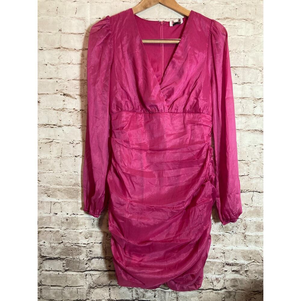 Andree By Unit Dress Women Small Hot Pink Satin Shimmer Ruched Puff Sleeve Party